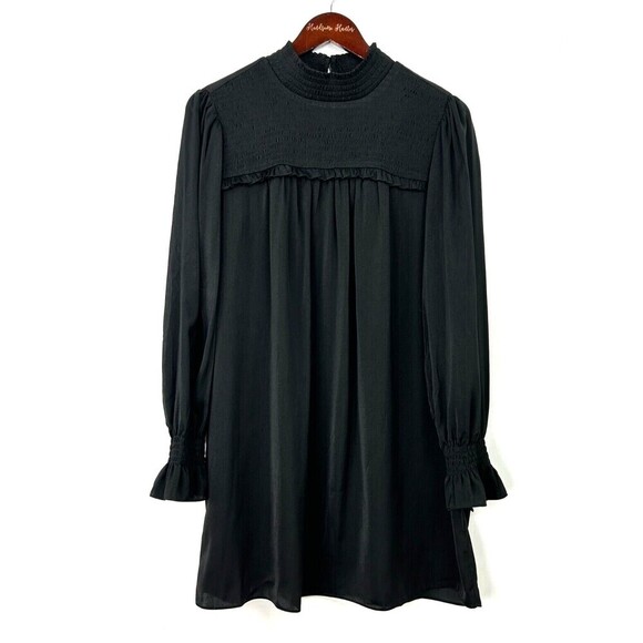 Elan Womens Size M Black Mini Dress Mock Neck Sheer Unlined Ruffle Smocked U4 - Picture 7 of 12
